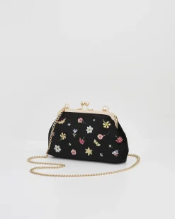 Clutch & Evening Bags|Cross Body Bags-Fable England Wolf Garden Ditsy Embroidered Black Velvet Clutch