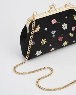 Clutch & Evening Bags|Cross Body Bags-Fable England Wolf Garden Ditsy Embroidered Black Velvet Clutch