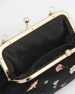 Clutch & Evening Bags|Cross Body Bags-Fable England Wolf Garden Ditsy Embroidered Black Velvet Clutch