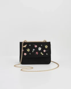 Clutch & Evening Bags|Cross Body Bags-Fable England Wolf Garden Ditsy Embroidered Black Velvet Purse