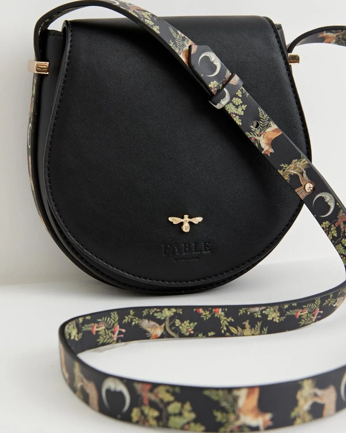 Cross Body Bags-Fable England Woodland Toile Saddle Bag - Black