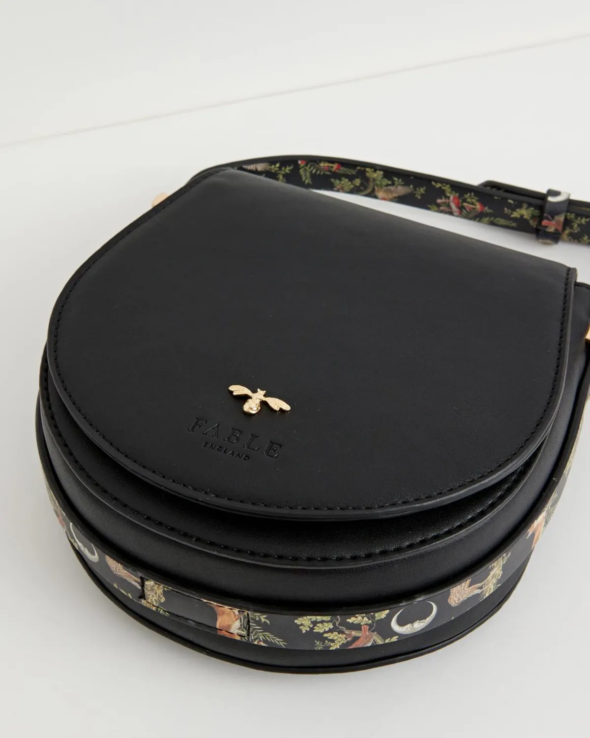 Cross Body Bags-Fable England Woodland Toile Saddle Bag - Black
